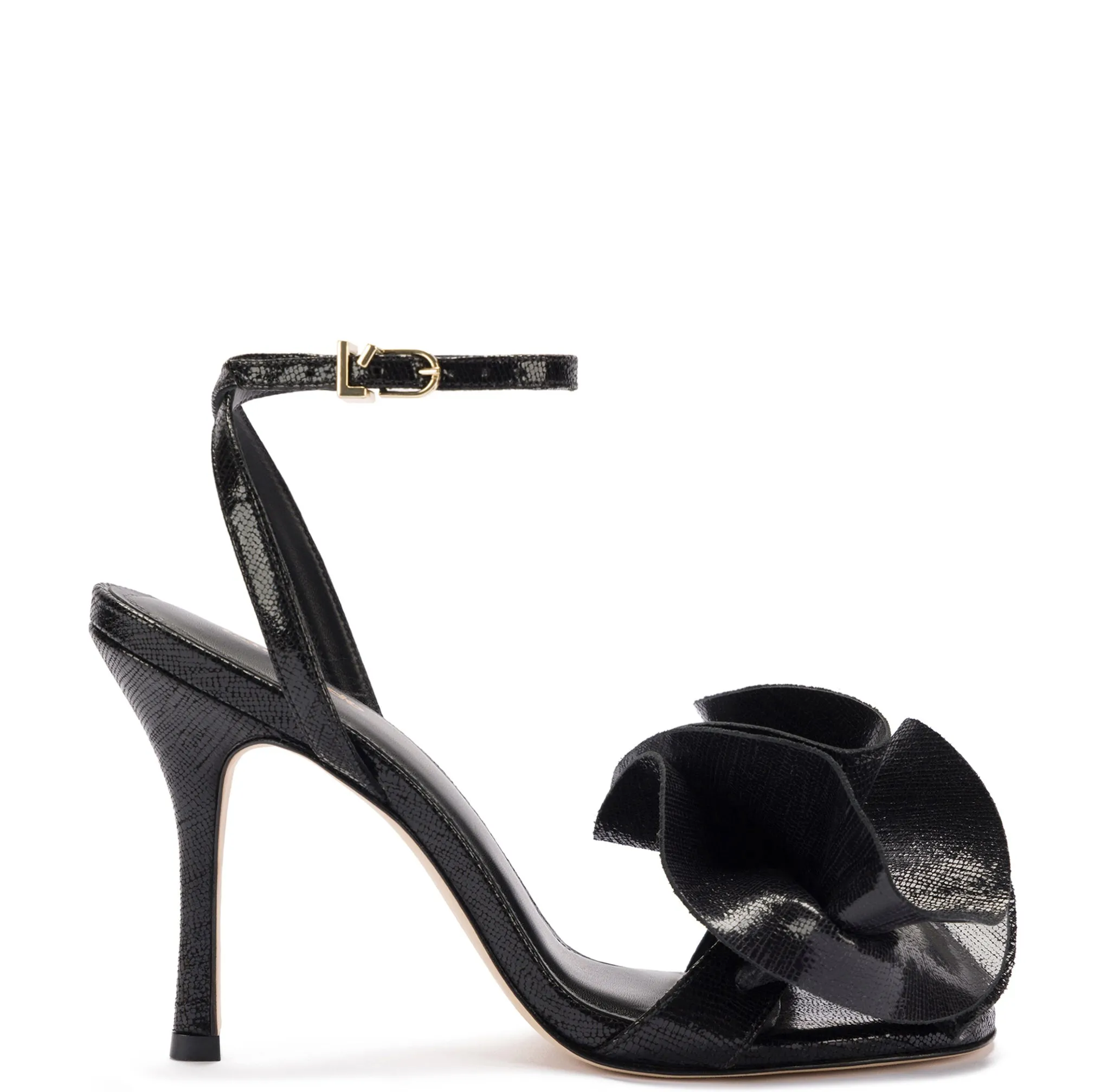 Penelope Sandal In Black Cracked Metallic Leather sold by Larroude