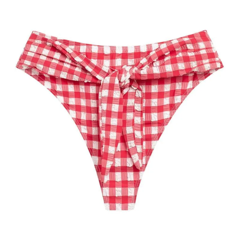 Red Gingham Paula Tie-Up Bikini Bottom sold by Larroude