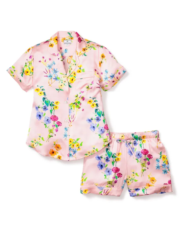 Women's Silk Pajama Short Set in Blush Brilliant Botanical sold by Larroude