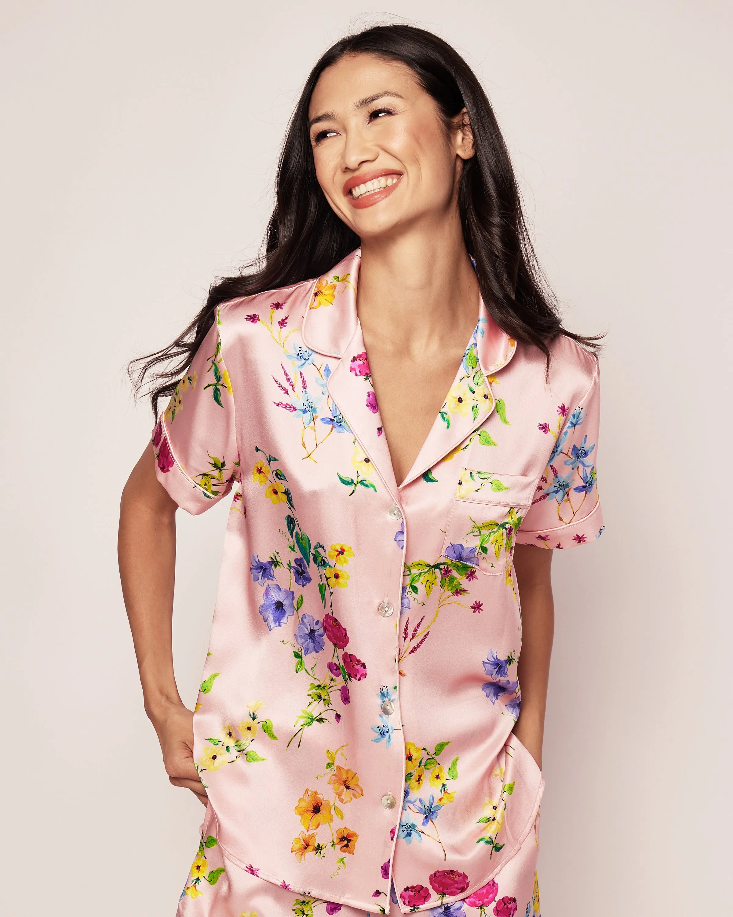 Women's Silk Pajama Short Set in Blush Brilliant Botanical sold by Larroude product image thumbnail 3