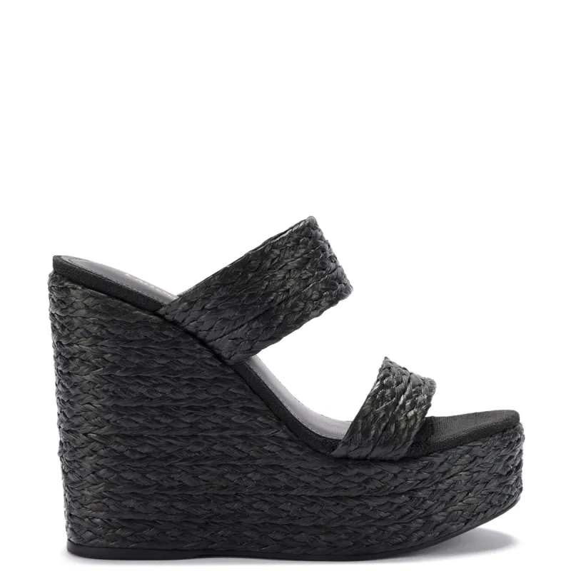 Pamela Wedge In Black Raffia sold by Larroude