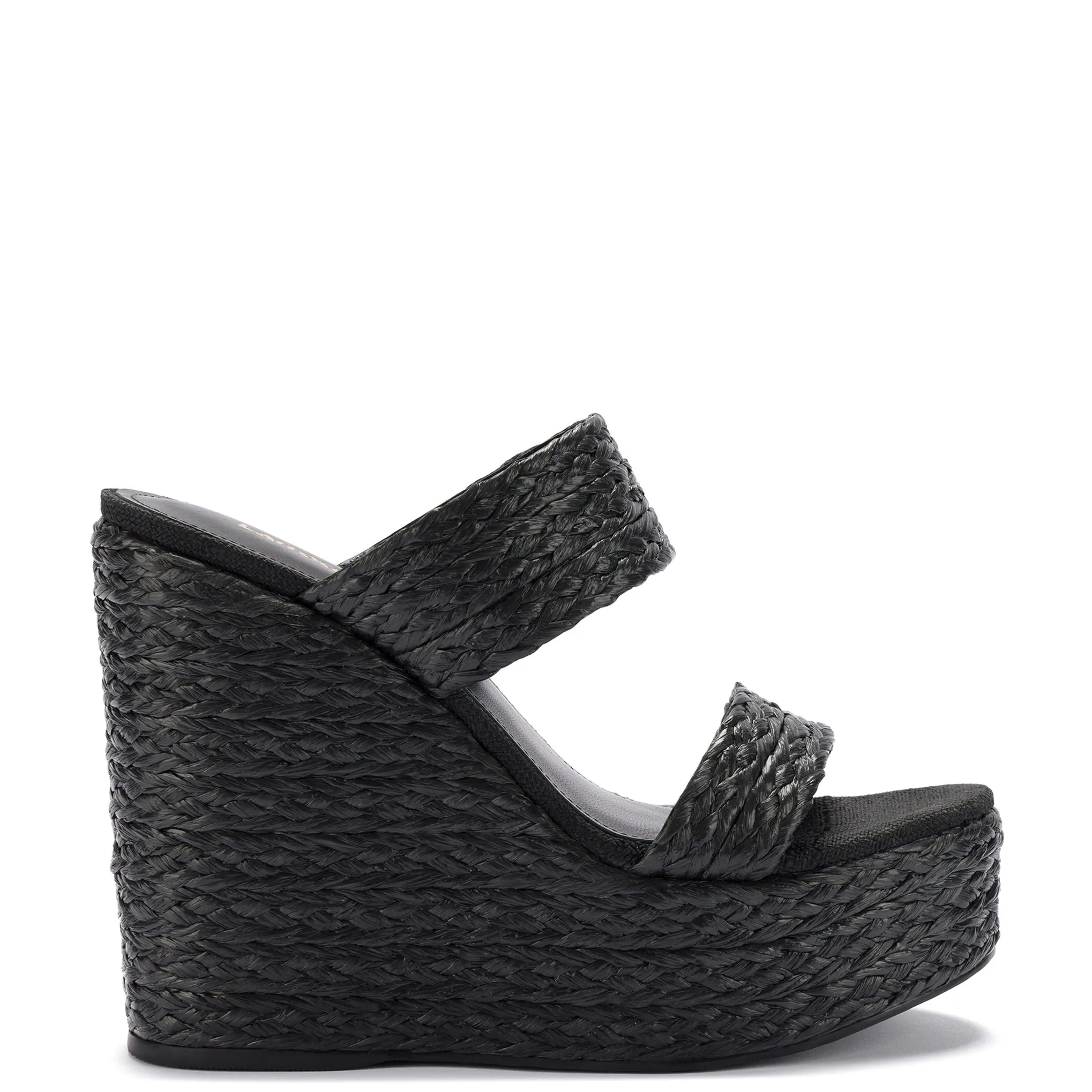 Pamela Wedge In Black Raffia sold by Larroude