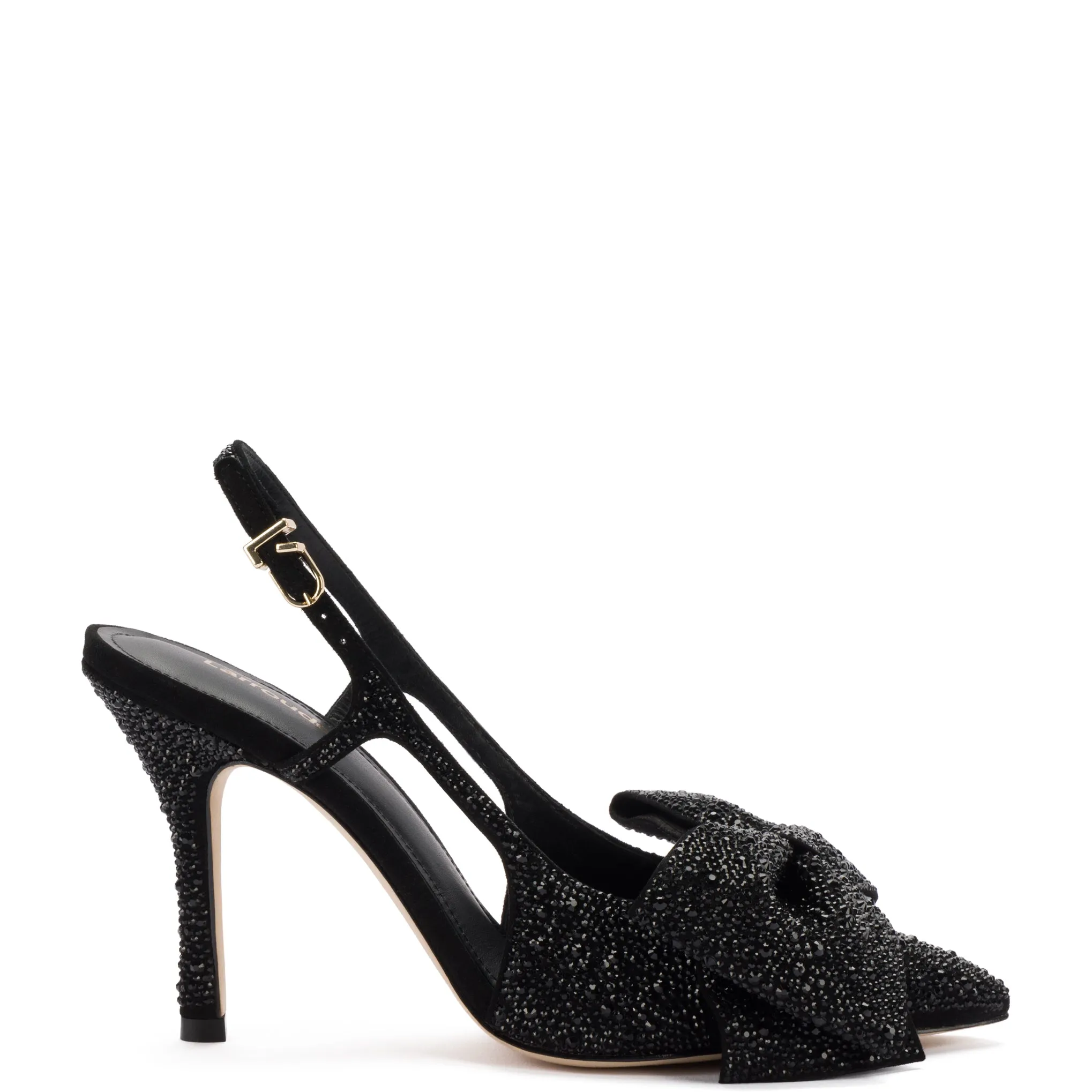 Elle Crystal Pump In Black Suede sold by Larroude