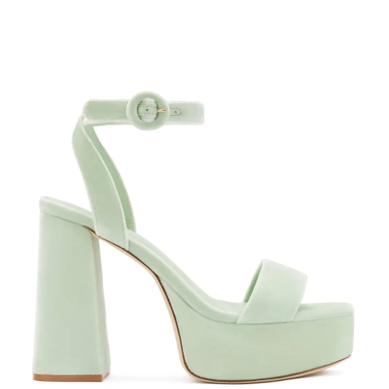 Dolly Sandal In Mint Green Velvet sold by Larroude