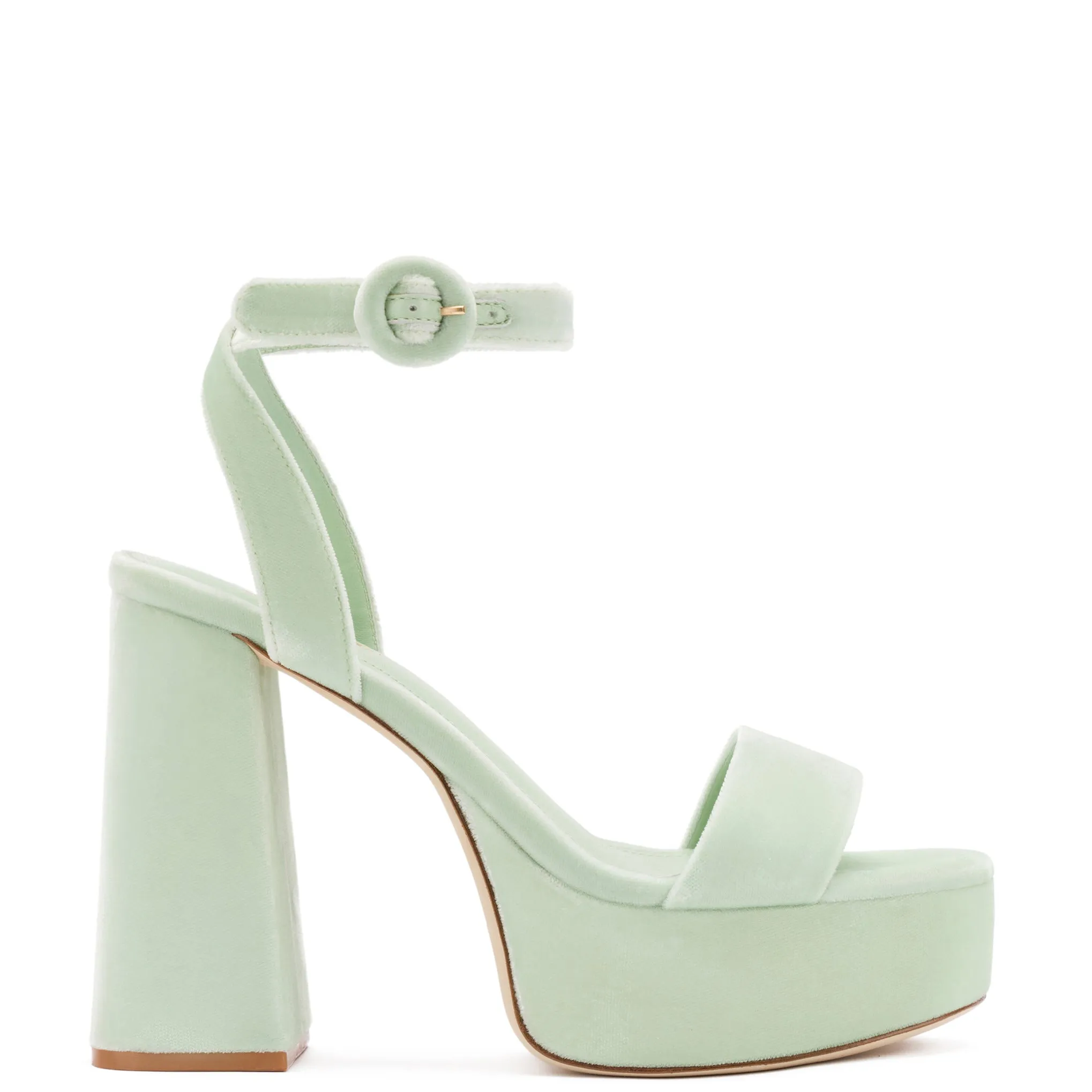 Dolly Sandal In Mint Green Velvet sold by Larroude