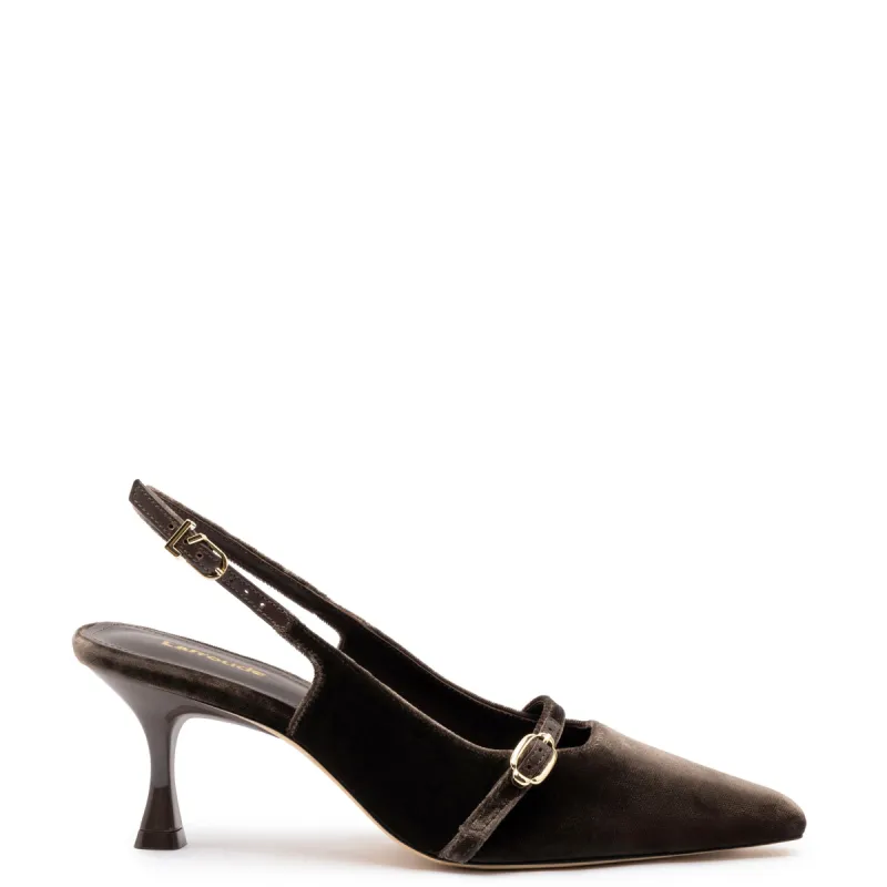 Ines Pump In Expresso Velvet sold by Larroude