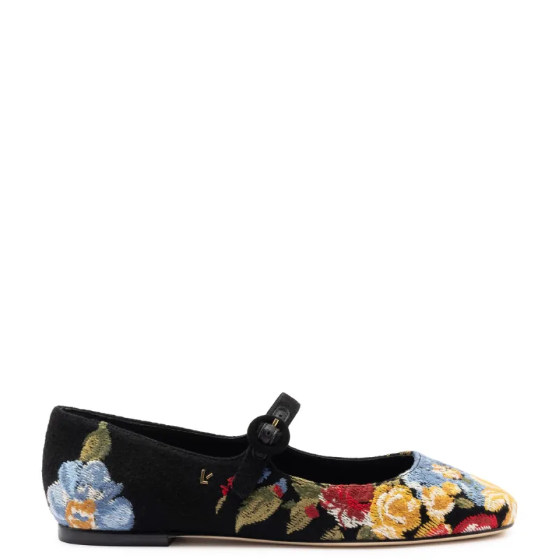 Larroudé x Markarian Flat In Black Wool and Floral Embroidery sold by Larroude
