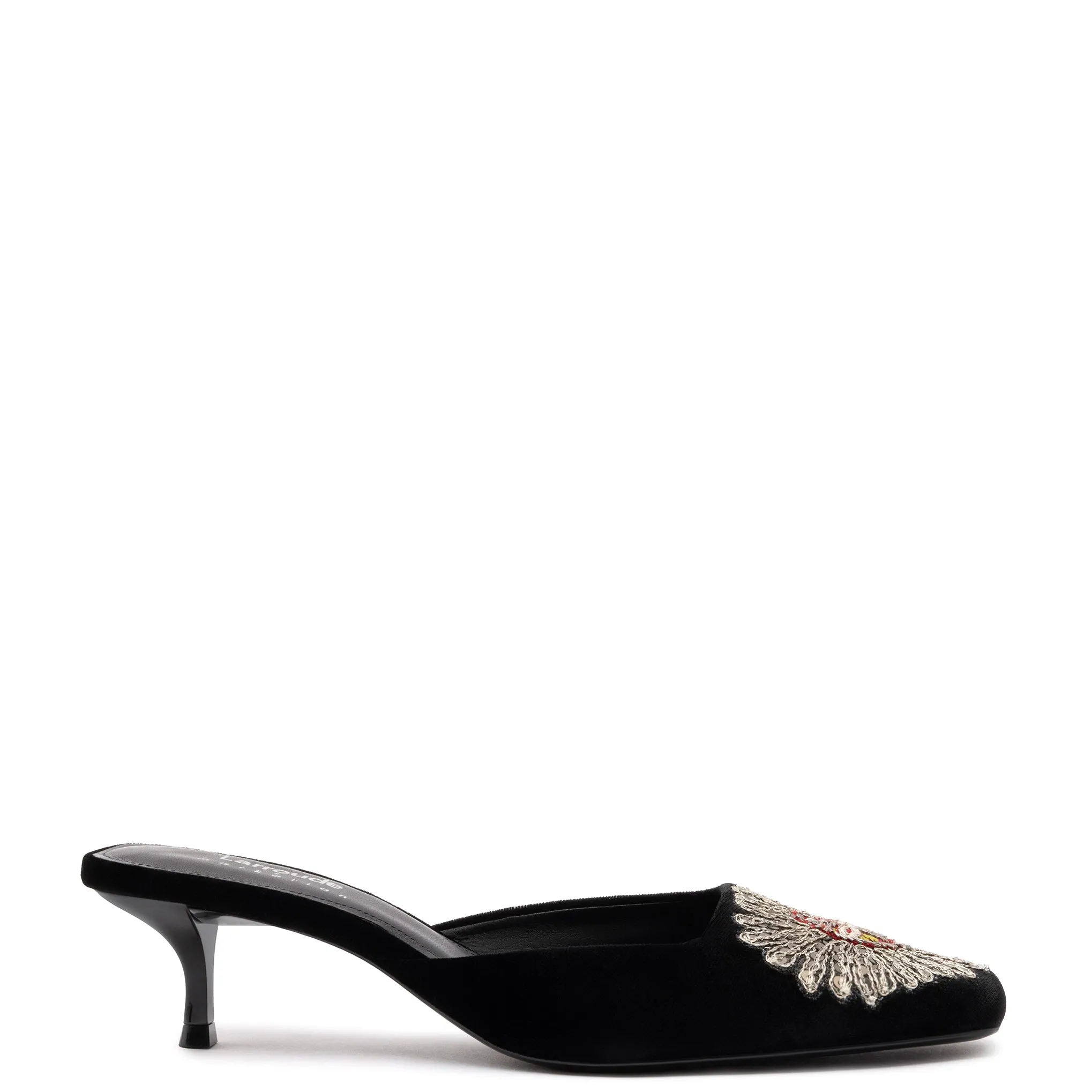 Larroudé x Markarian Mule In Black Velvet and Heart Embroidery sold by Larroude
