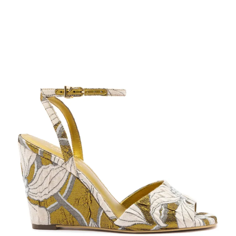 Larroudé x Markarian Wedge In Gold Floral Dutel sold by Larroude