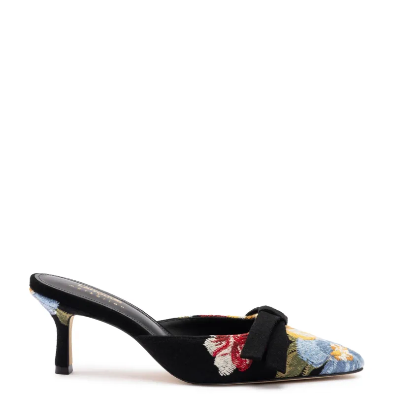 Larroudé x Markarian Mule In Black Wool and Floral Embroidery sold by Larroude