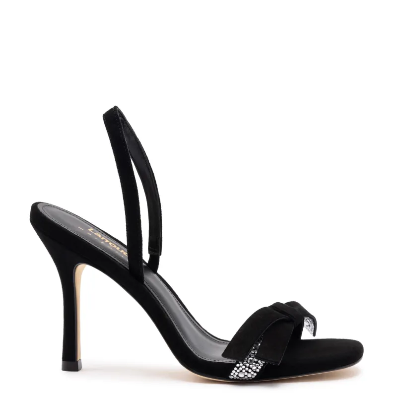 Larroudé x Markarian Sandal In Black Suede and Crystals sold by Larroude