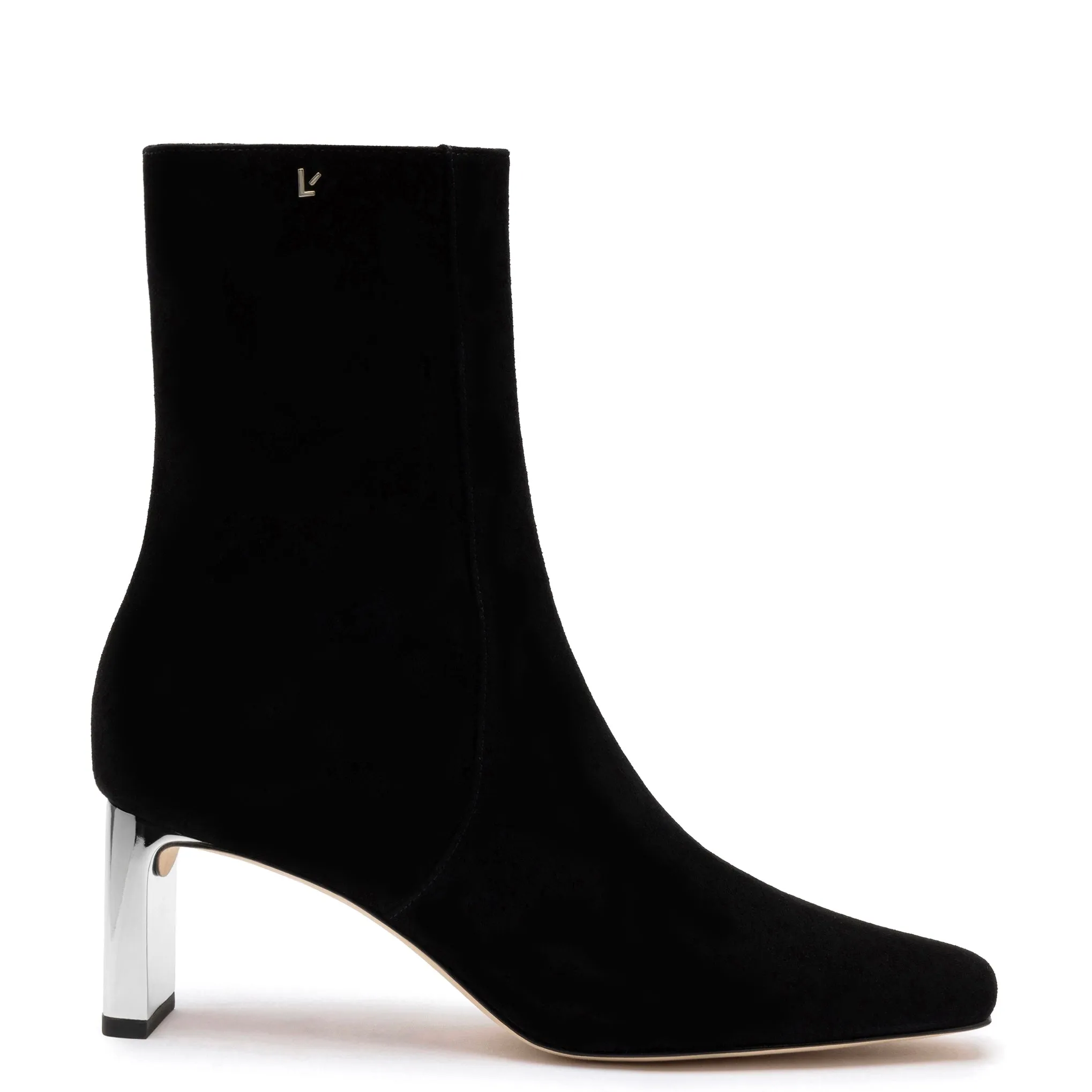 Alexis Bootie In Black Suede and Silver Heel sold by Larroude