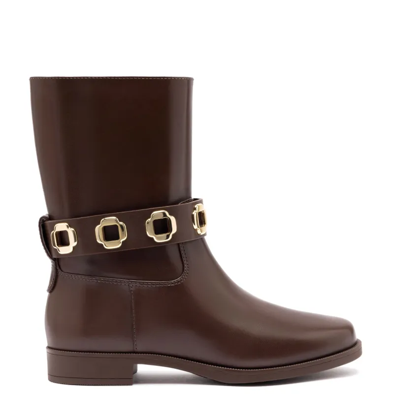 Milan Flat Bootie In Brown Water Resistant Leather sold by Larroude