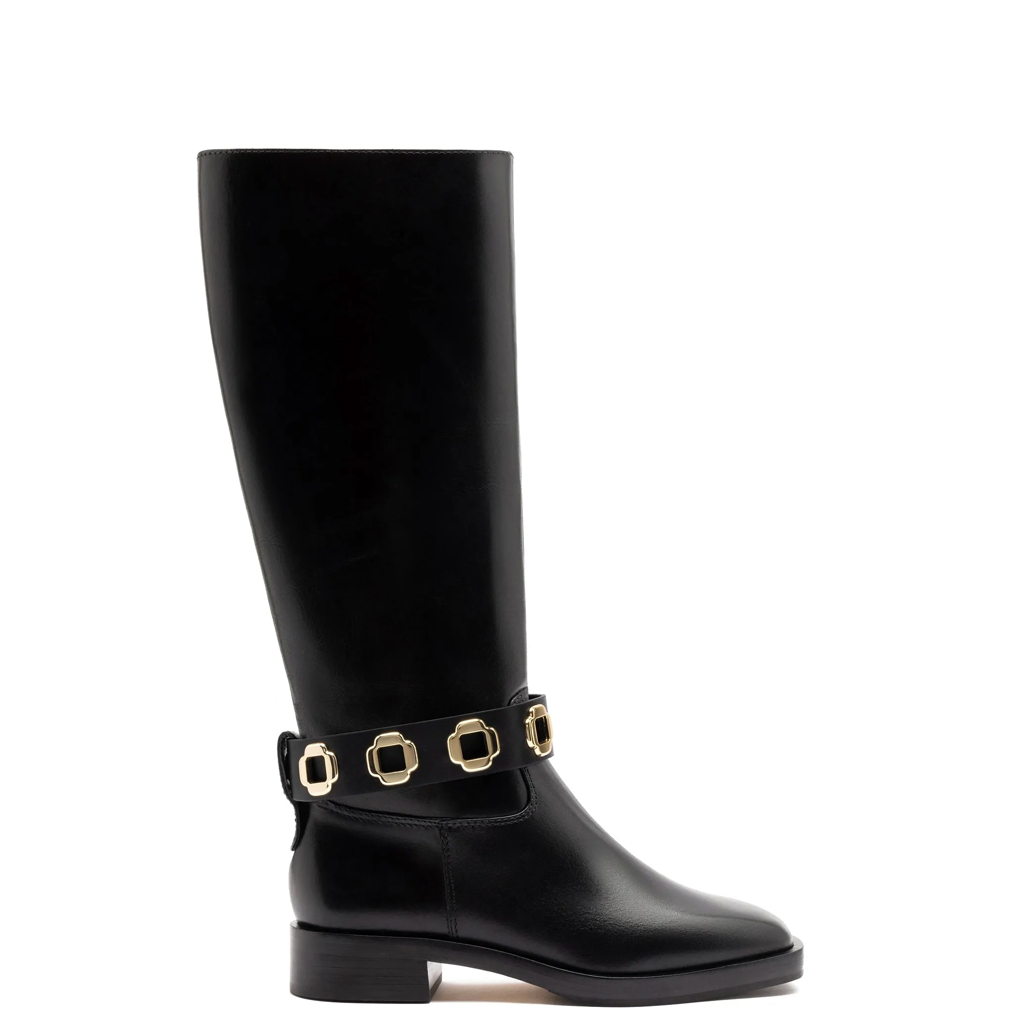 Milan Flat Boot In Black Leather sold by Larroude