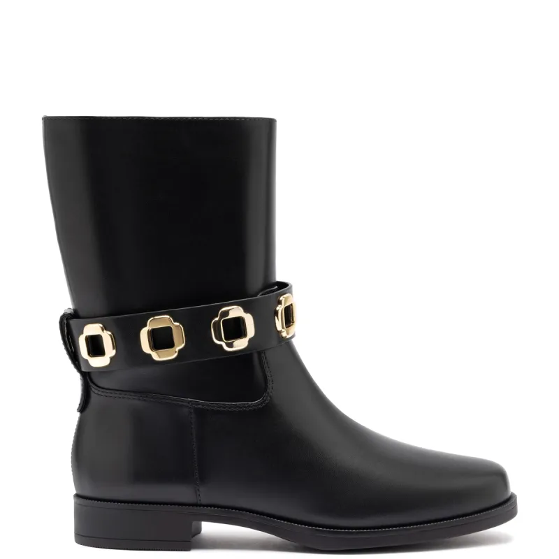 Milan Flat Bootie In Black Water Resistant Leather sold by Larroude