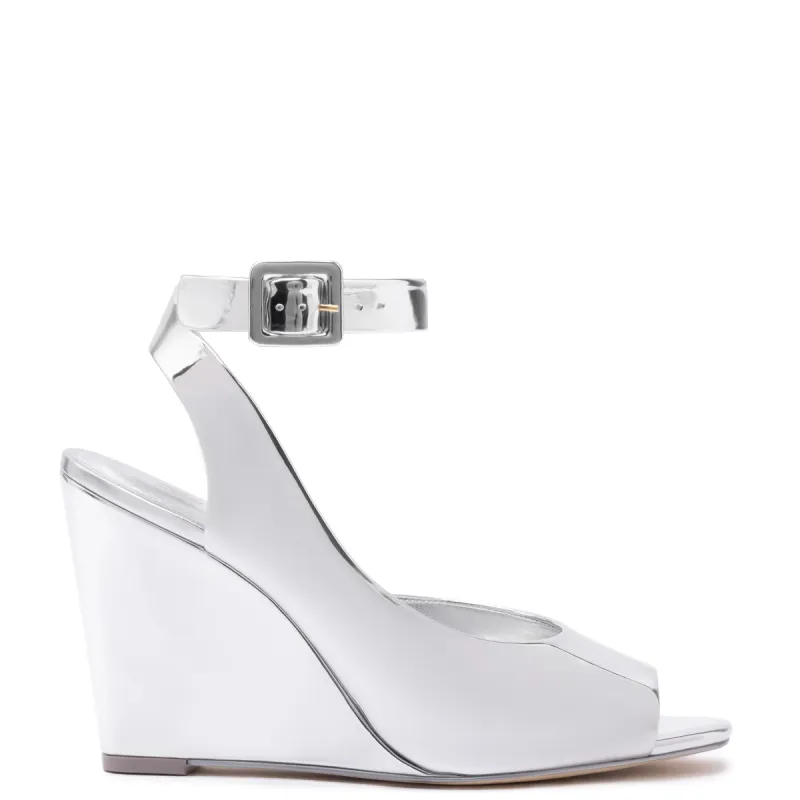 Deena By Larroudé Wedge Sandal In Silver Specchio sold by Larroude