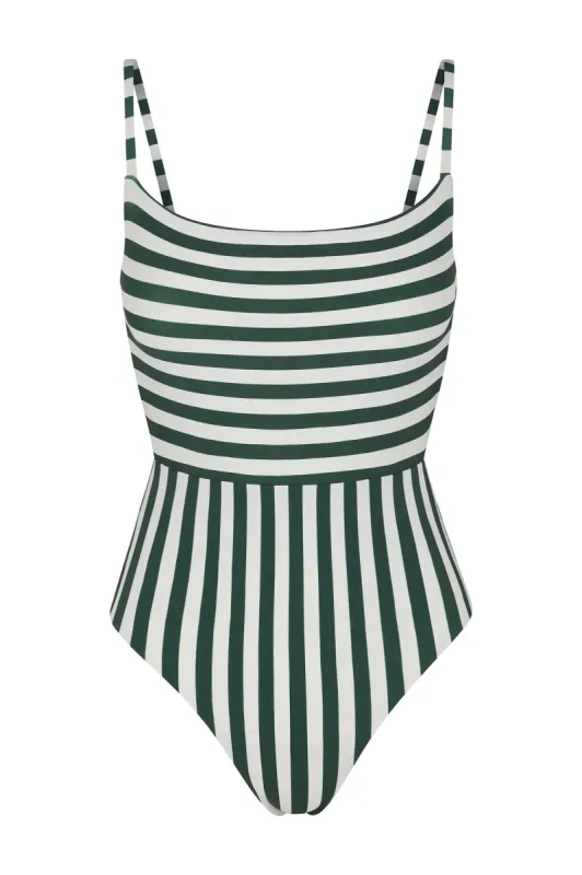 Square Neck Open Back One-Piece in Green Vertical Stripes sold by Larroude