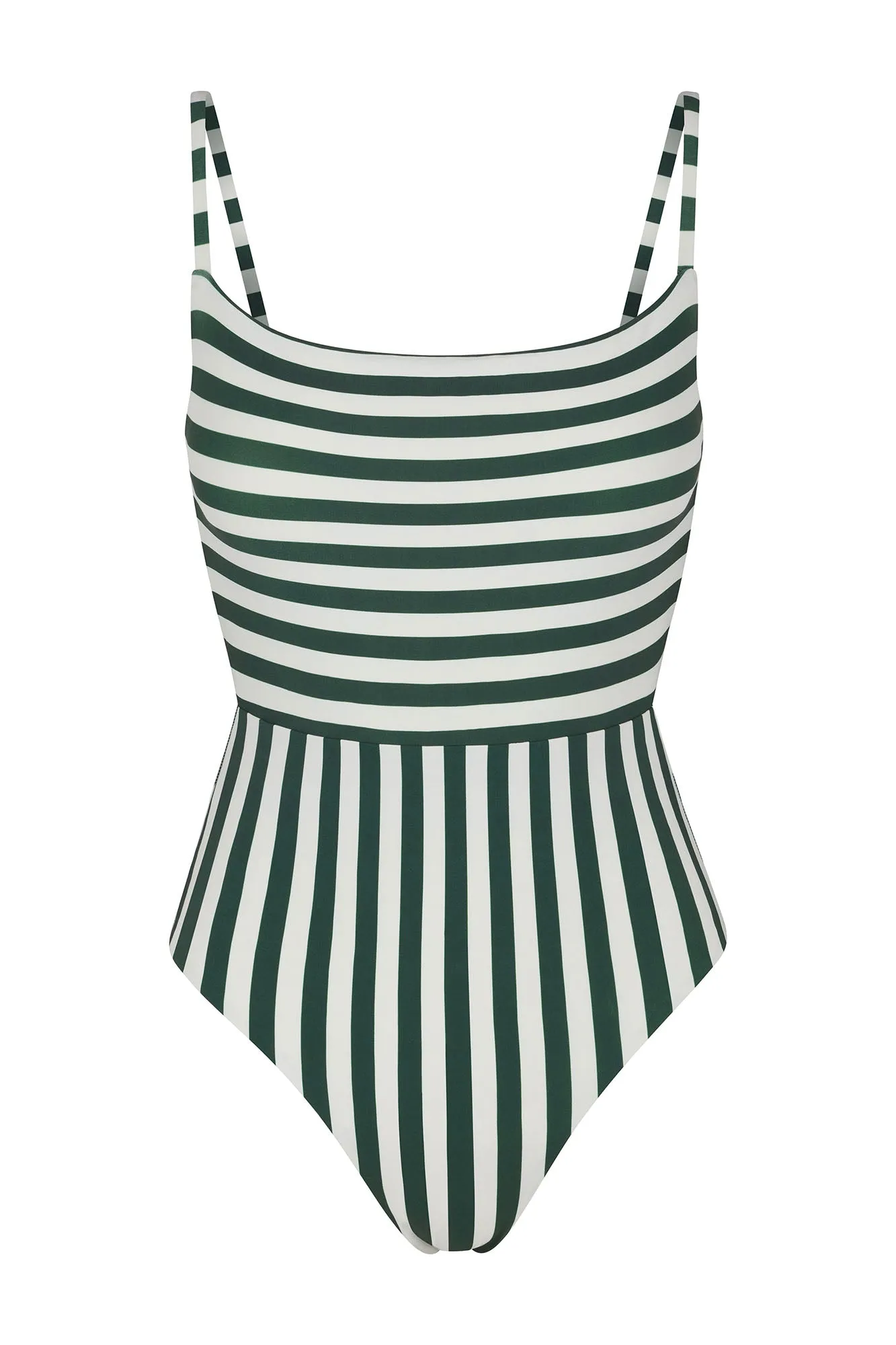 Square Neck Open Back One-Piece in Green Vertical Stripes sold by Larroude