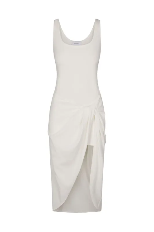 Selene Drop Waist Drape Midi Dress in Textured Stretch sold by Larroude