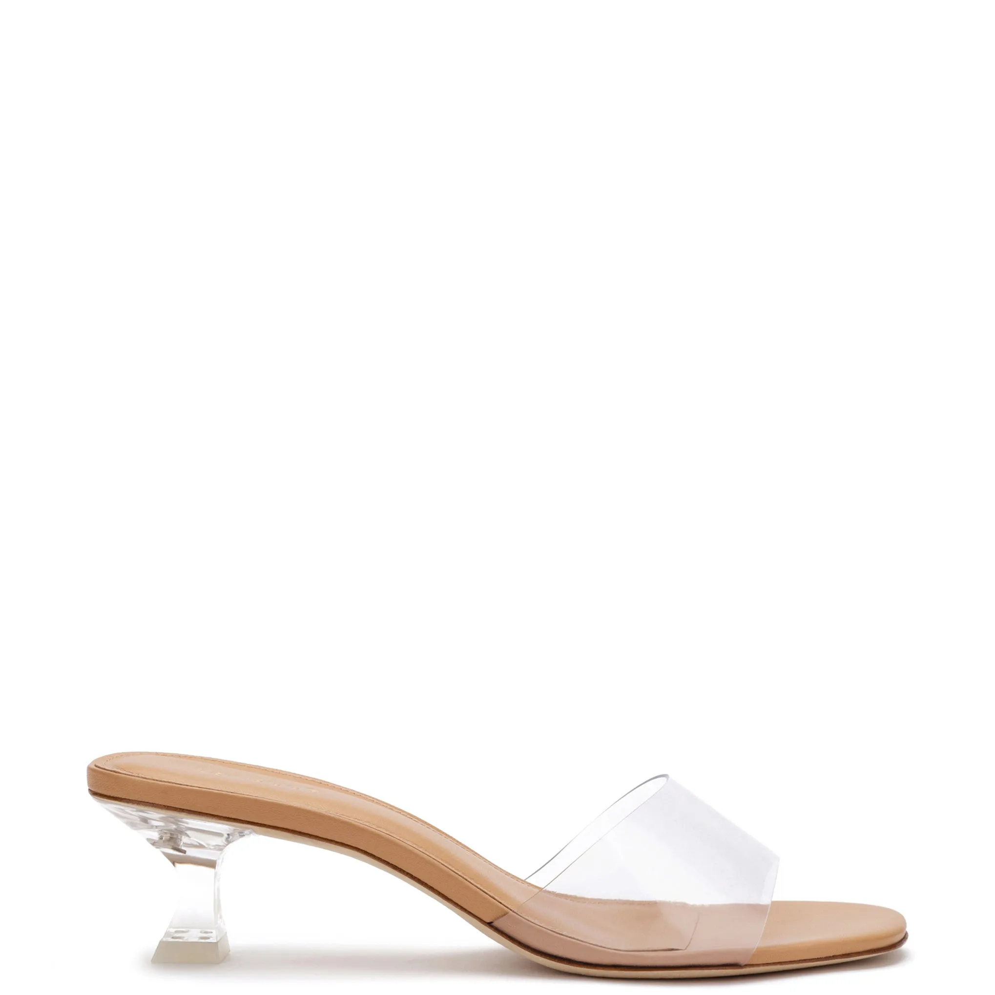 Vivi Lucite Mule In Tan Leather and Vinyl sold by Larroude
