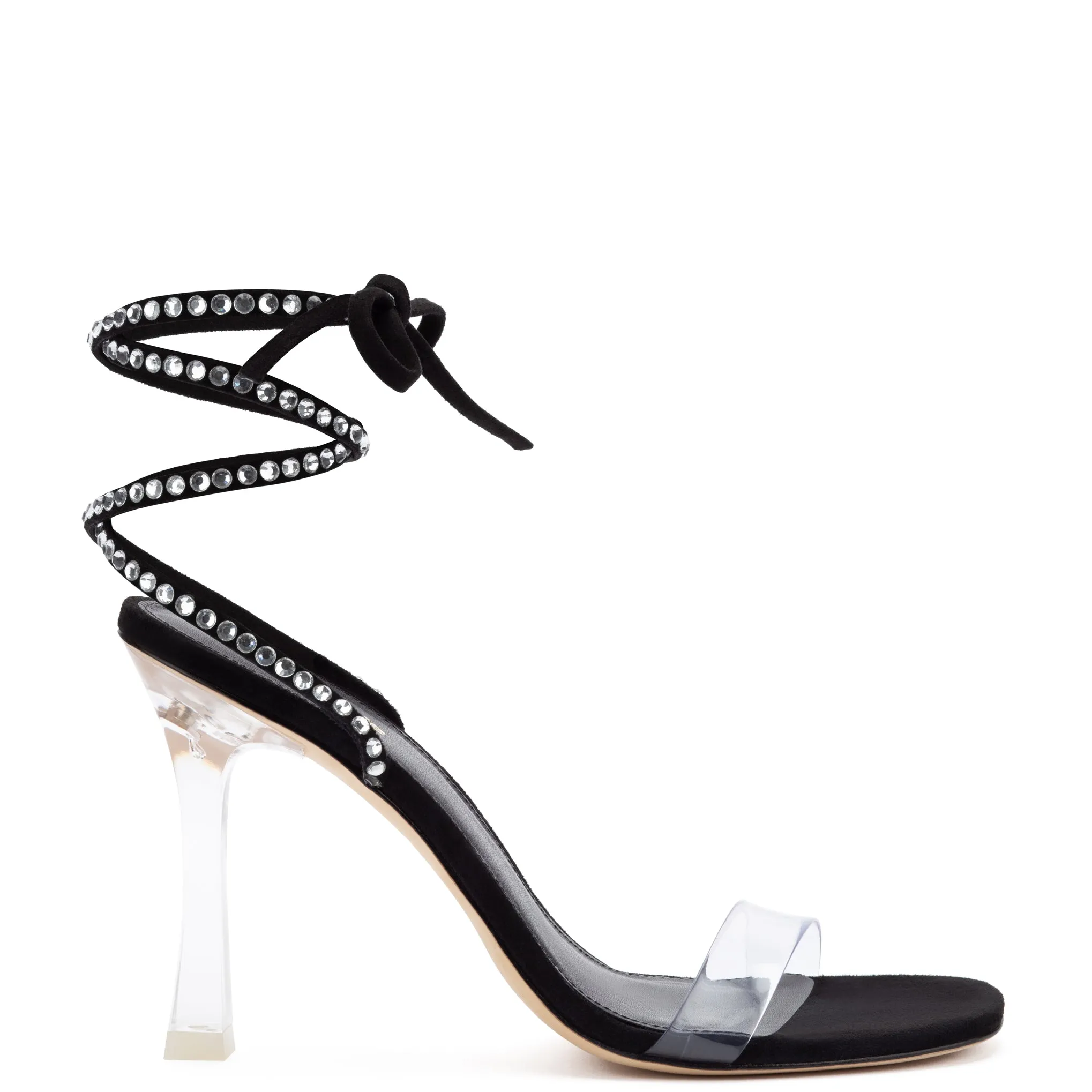 Gloria Disco Sandal In Black Suede and Vinyl sold by Larroude