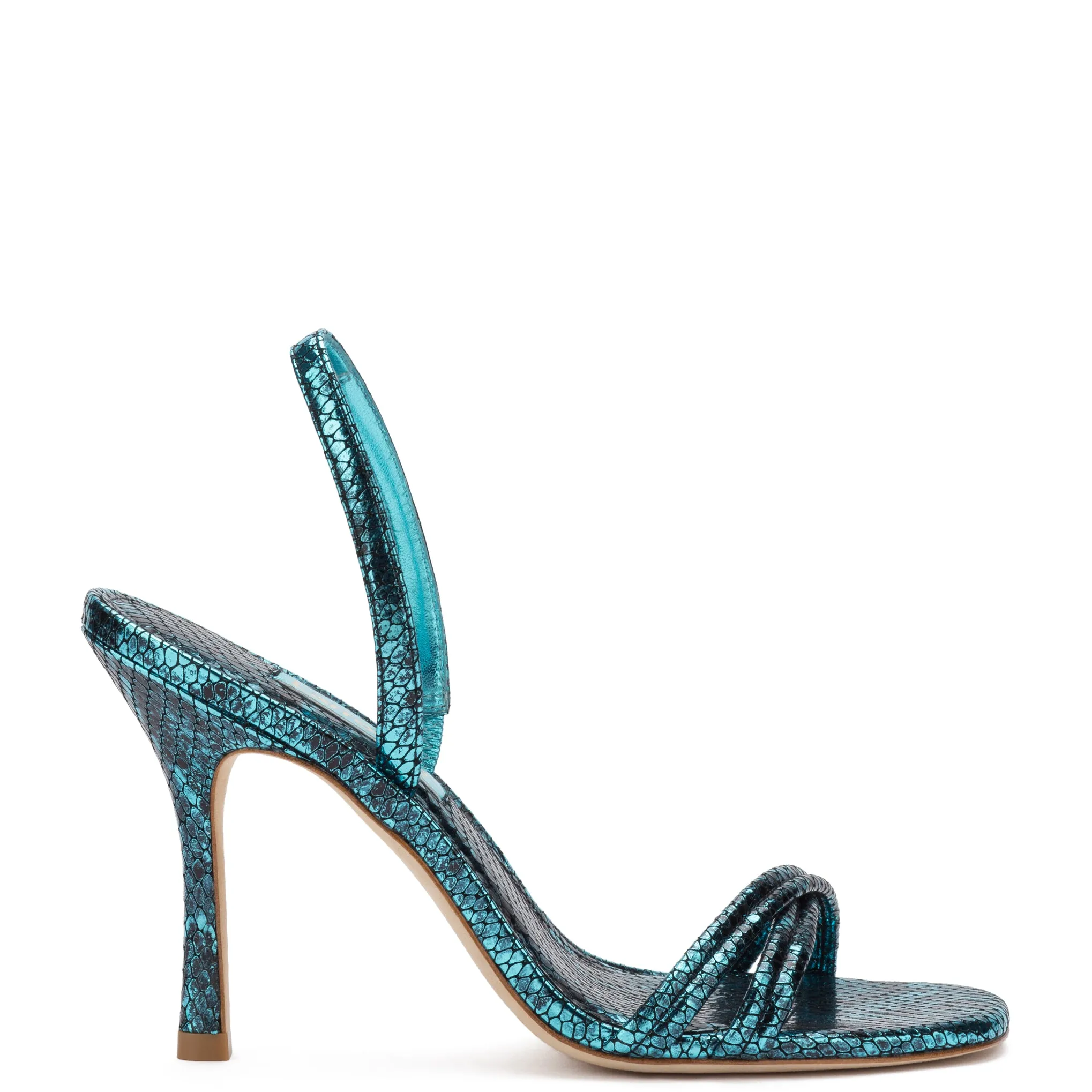 Annie Sandal In Aqua Metallic Stamped Leather sold by Larroude