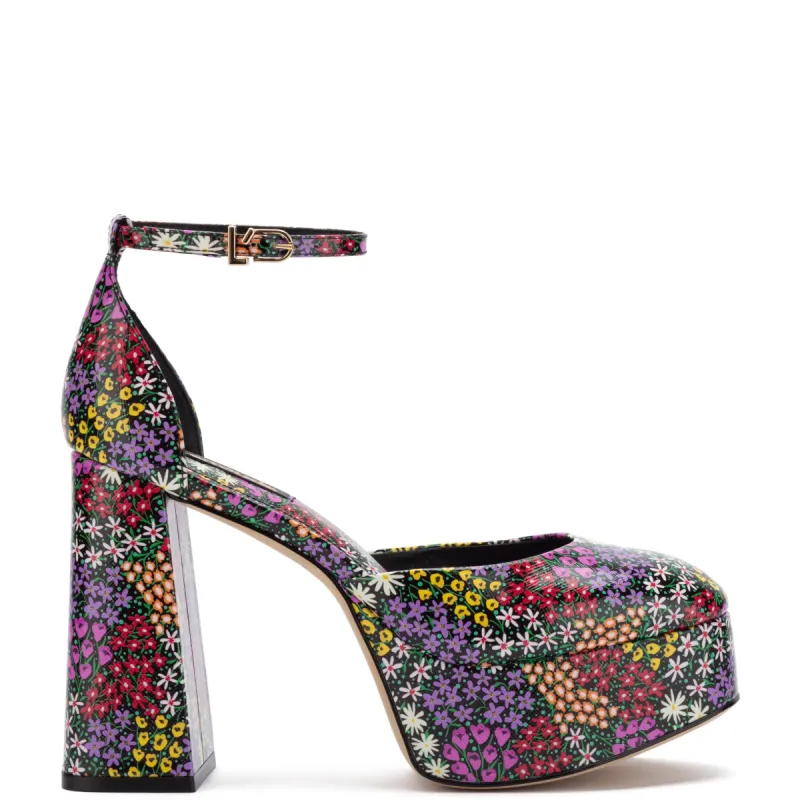 Ari Pump In Black Mixed Flowers Print Saffiano Patent Leather sold by Larroude