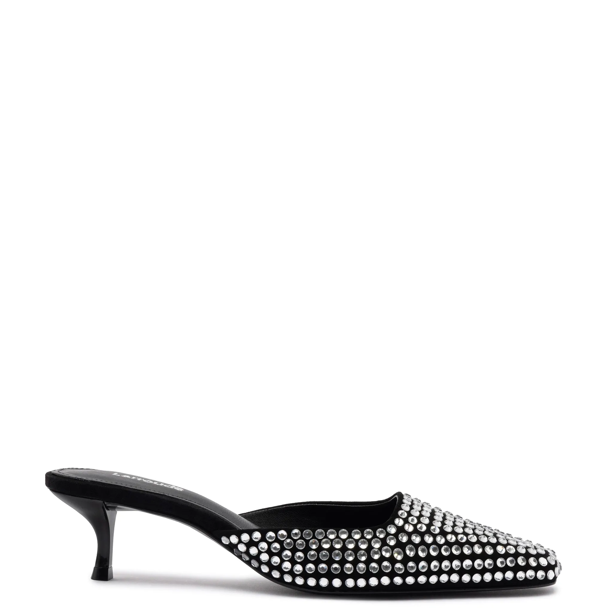 Amal Crystal Mule In Black Suede sold by Larroude