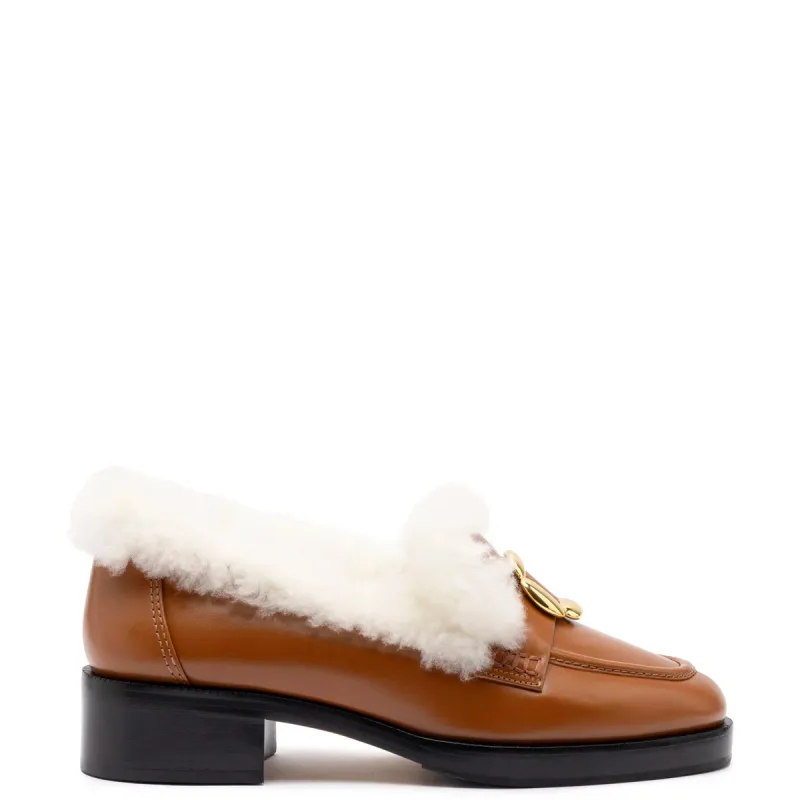 Bobbie Loafer In Caramel Leather and Natural Shearling sold by Larroude