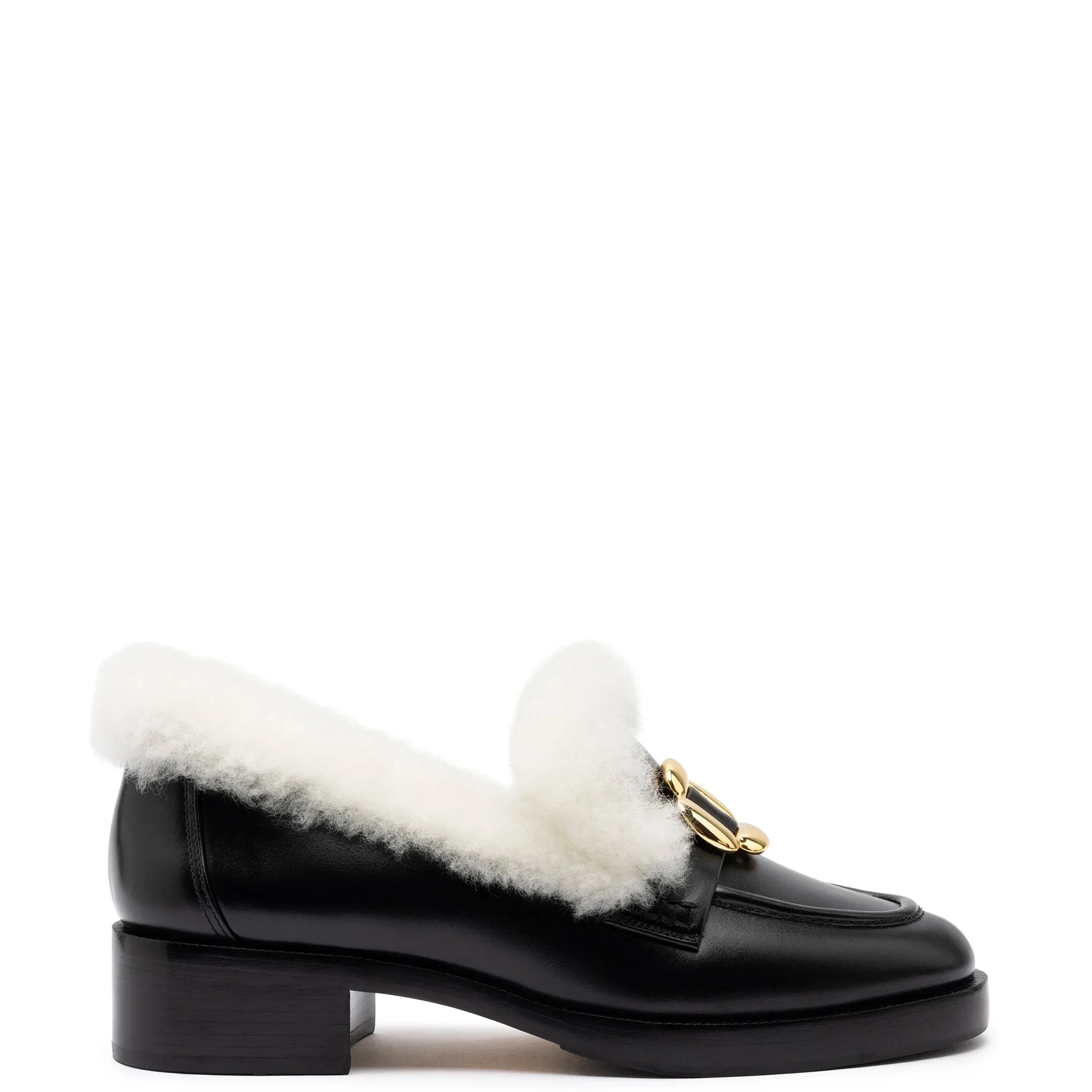 Bobbie Loafer In Black Leather and Natural Shearling sold by Larroude