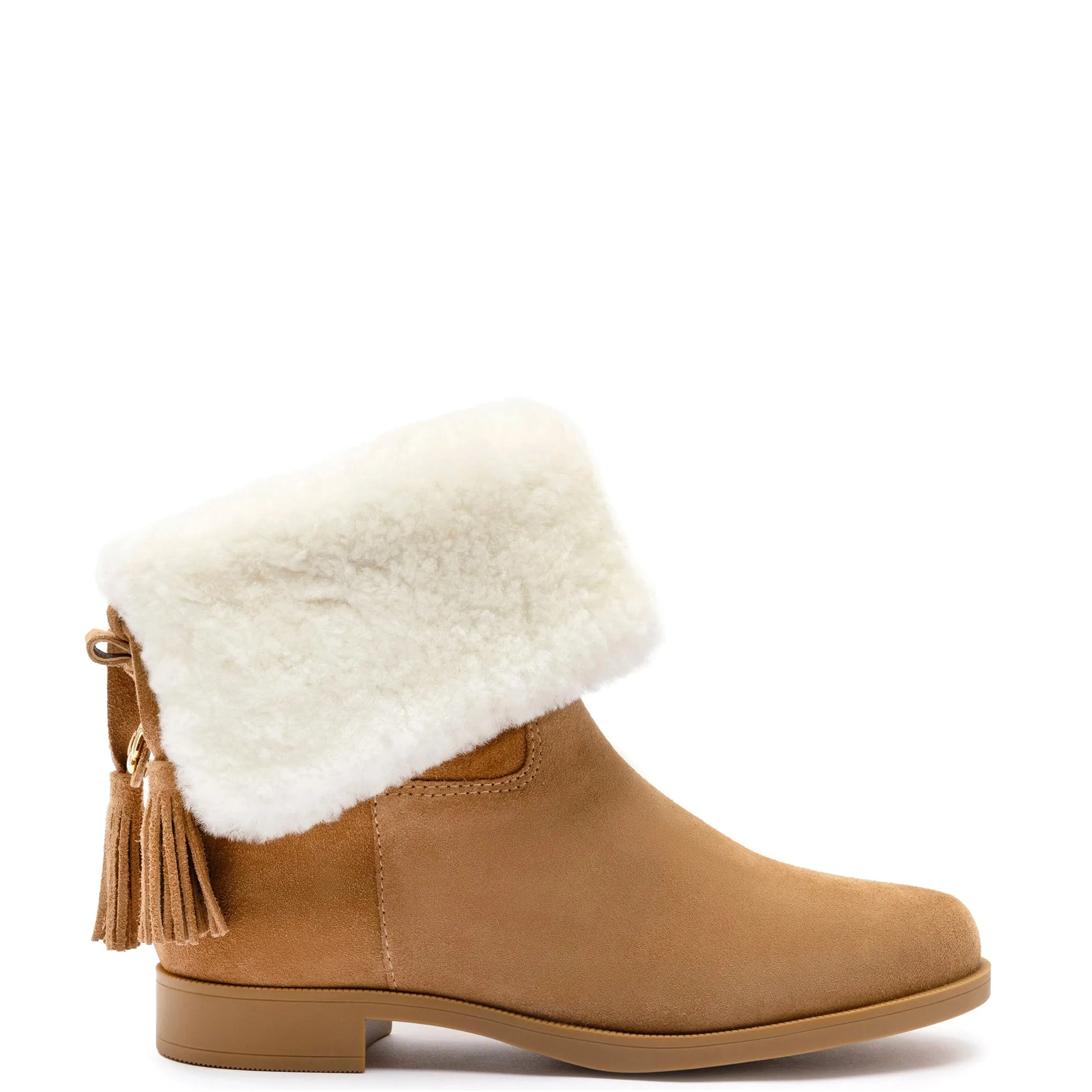 Verbier Bootie In Peanut Suede and Natural Shearling sold by Larroude