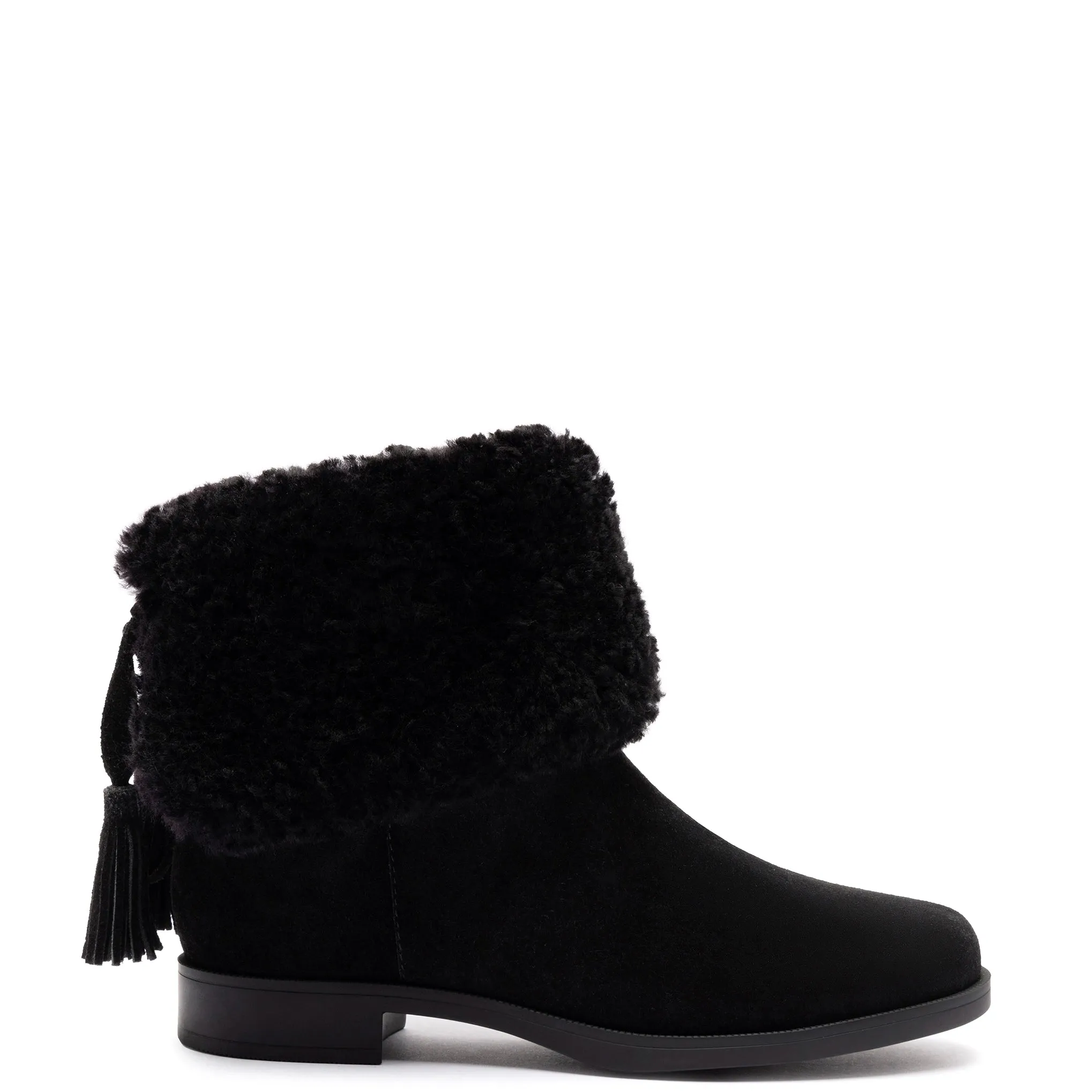 Verbier Bootie In Black Suede and Black Shearling sold by Larroude