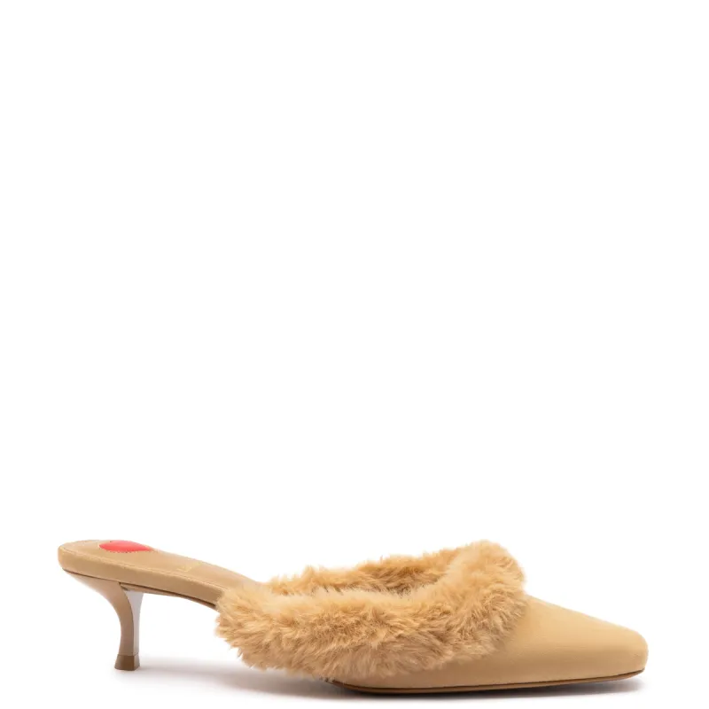 Amal Faux Fur Mule In Peanut Suede sold by Larroude