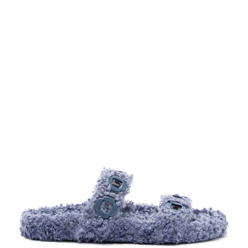 Milan Slide In Blue Faux Fur sold by Larroude