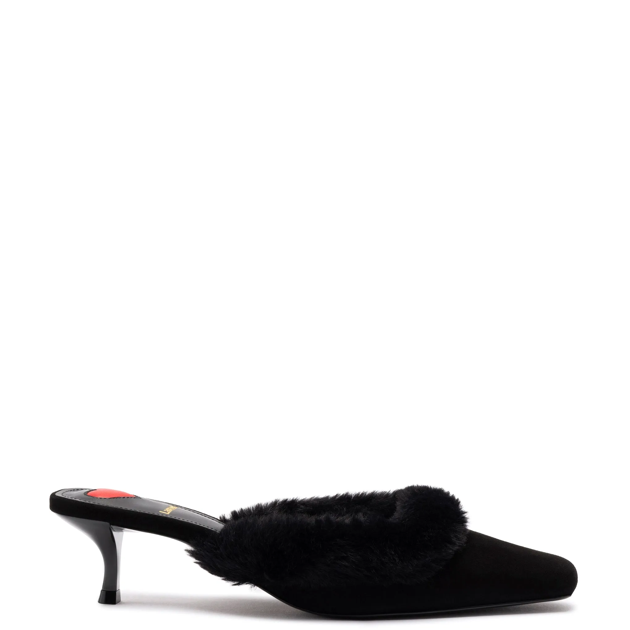 Amal Faux Fur Mule In Black Suede sold by Larroude