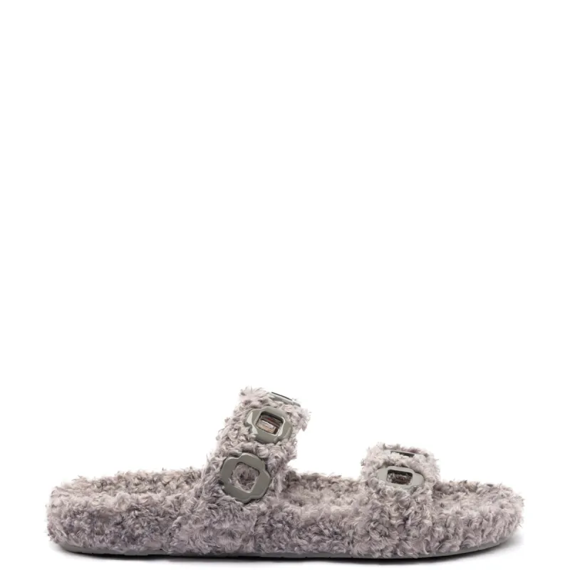 Milan Slide In Grey Faux Fur sold by Larroude
