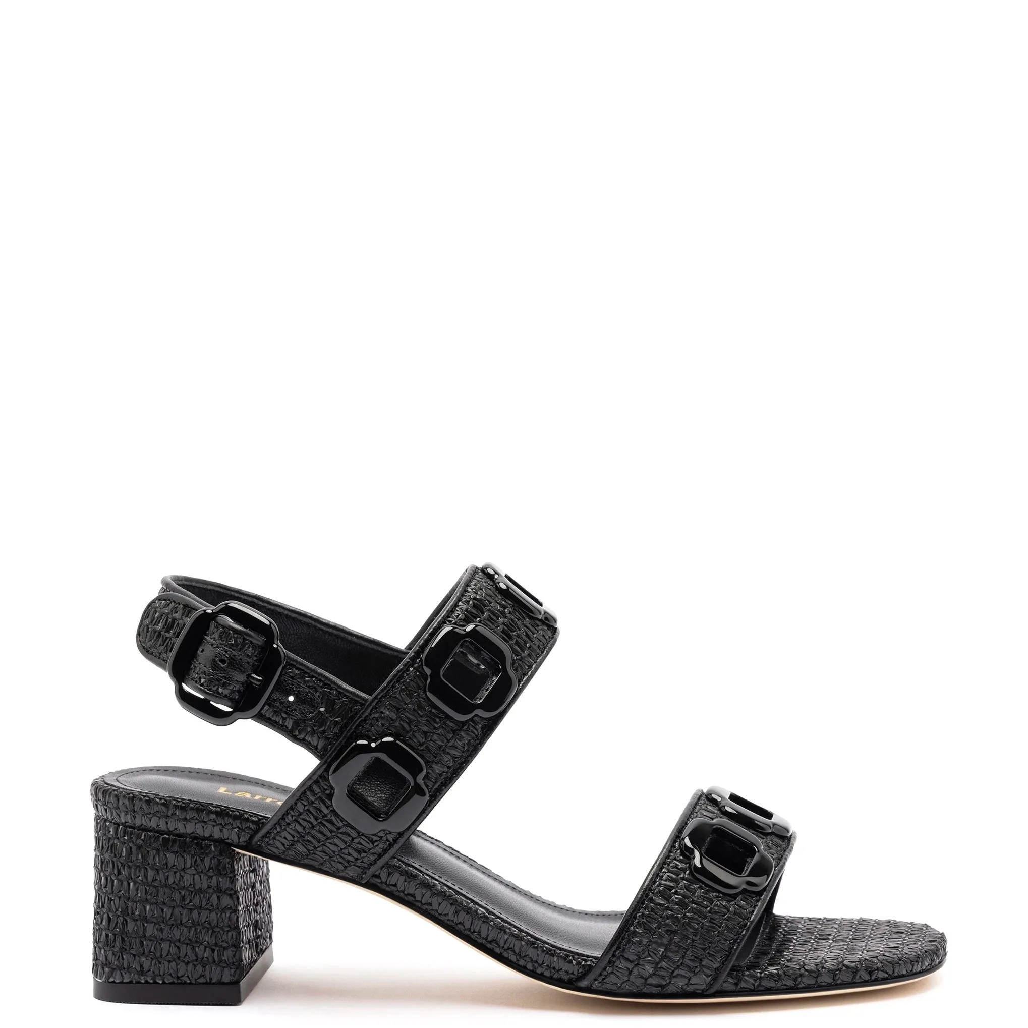 Milan Sandal In Black Wave Raffia sold by Larroude