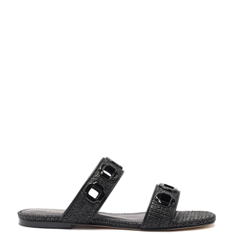 Milan Flat Mule In Black Wave Raffia sold by Larroude