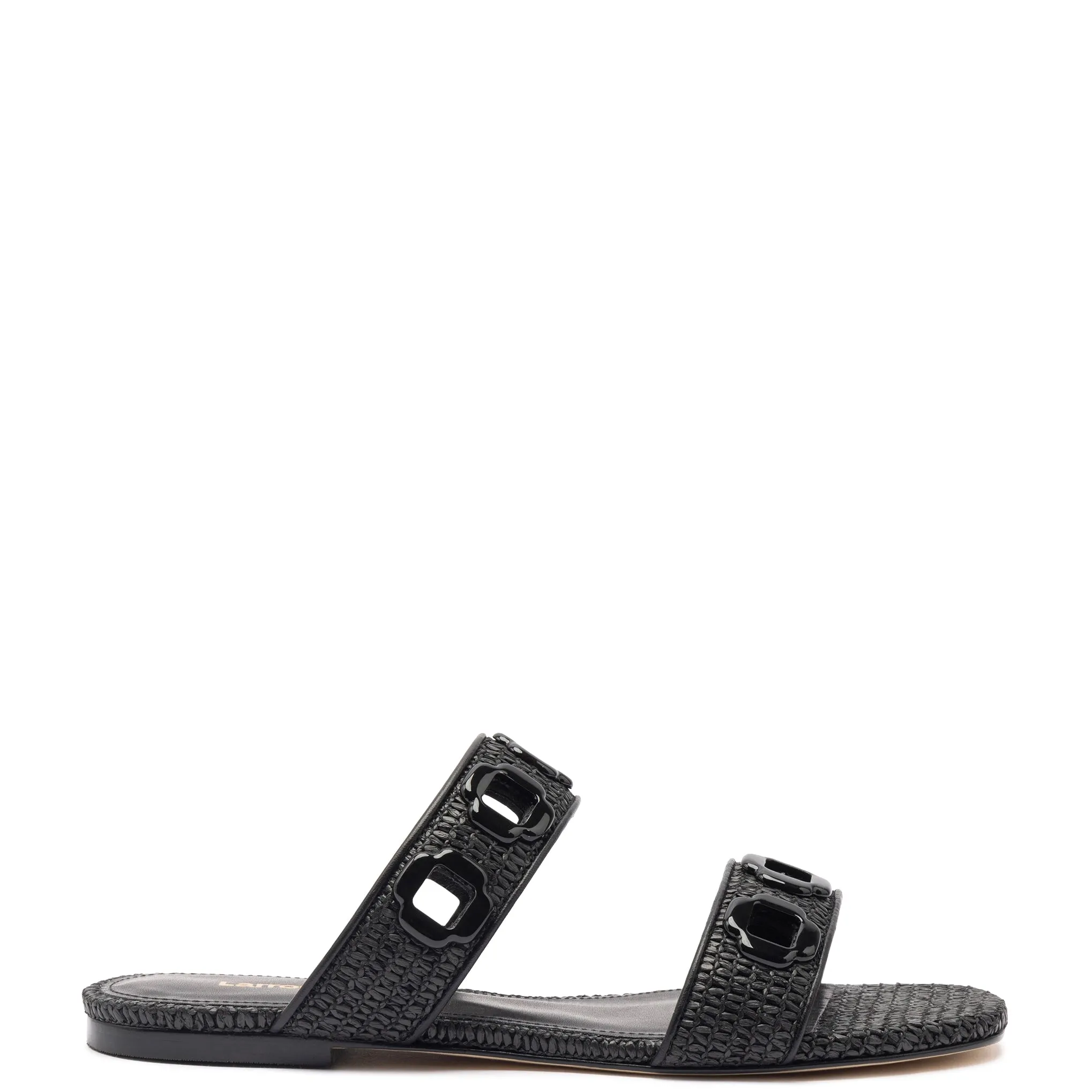 Milan Flat Mule In Black Wave Raffia sold by Larroude