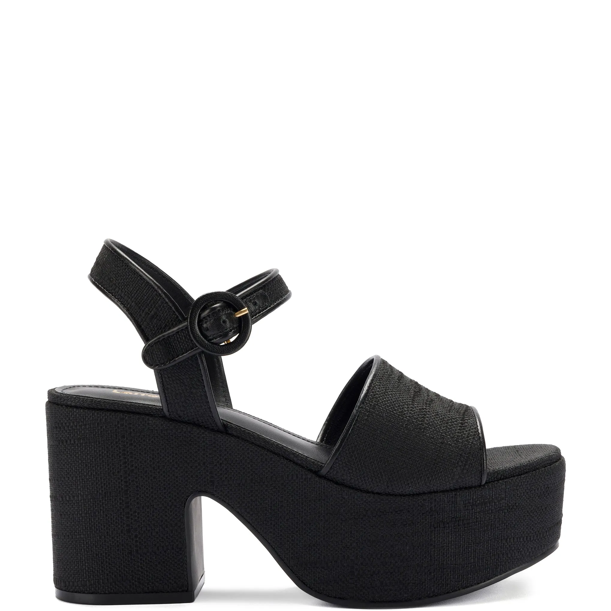 Miso Platform Strap Sandal In Black Raffia sold by Larroude