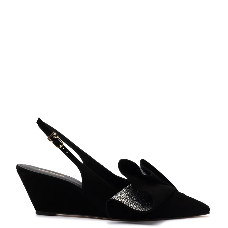 Loulou Ruffle Pump In Black Suede and Crystals sold by Larroude