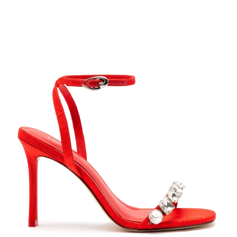 Calypso Sandal In Red Fabric and Crystals sold by Larroude