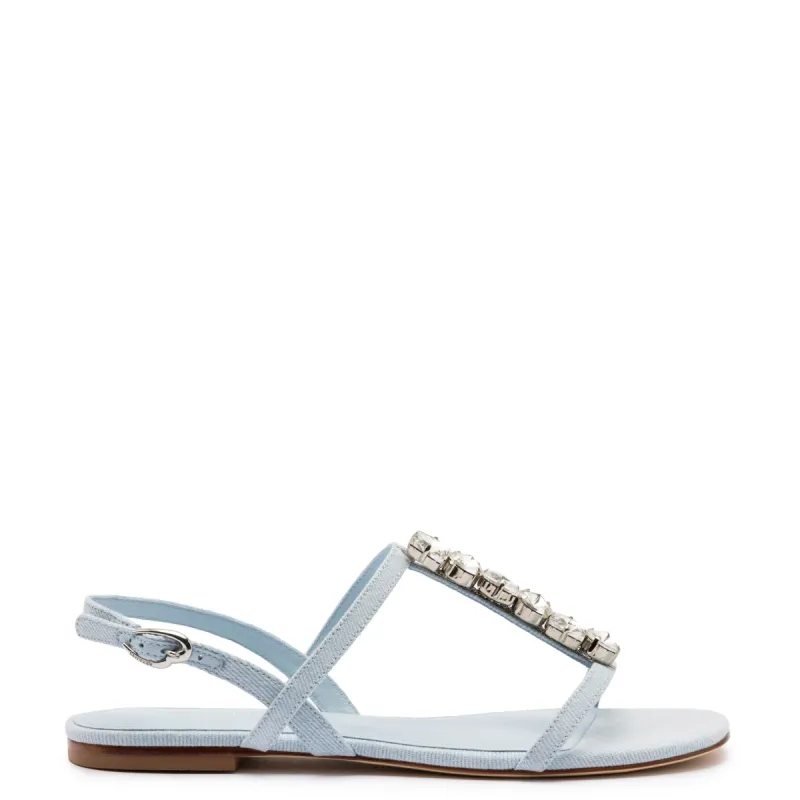Calypso Flat Sandal In Maya Denim and Crystals made by Larroude