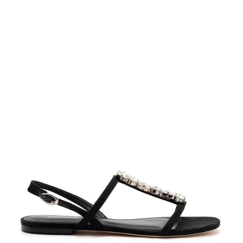 Calypso Flat Sandal In Black Fabric and Crystals made by Larroude