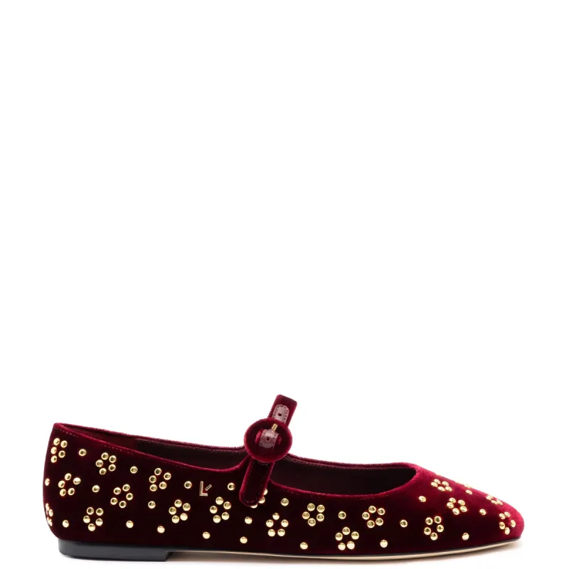 Blair Ballet Flat In Wine Velvet and Gold Studs sold by Larroude