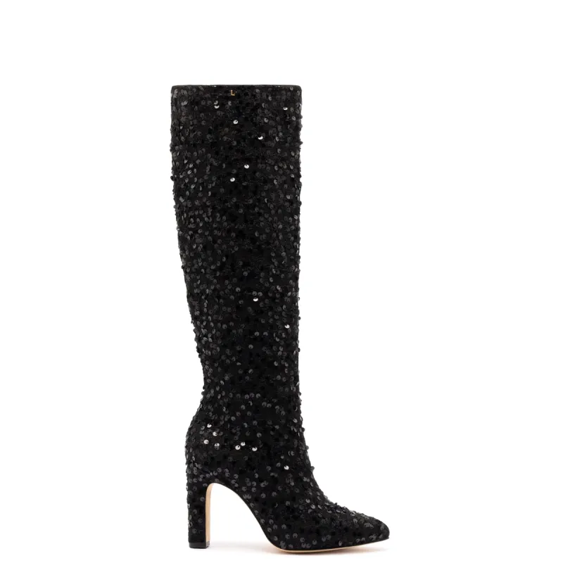 Cindy Hi Boot In Black Sequins sold by Larroude