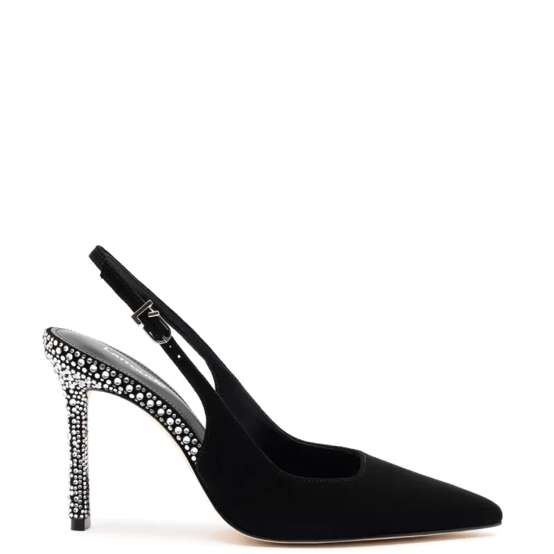 Kaitlan Crystal Pump In Black Suede sold by Larroude