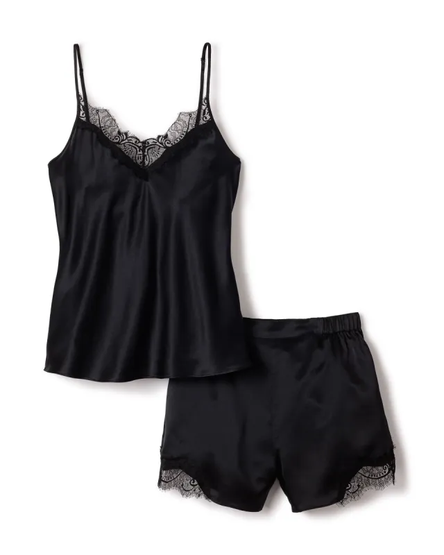 Women's Silk Lace Cami Short Set in Black sold by Larroude