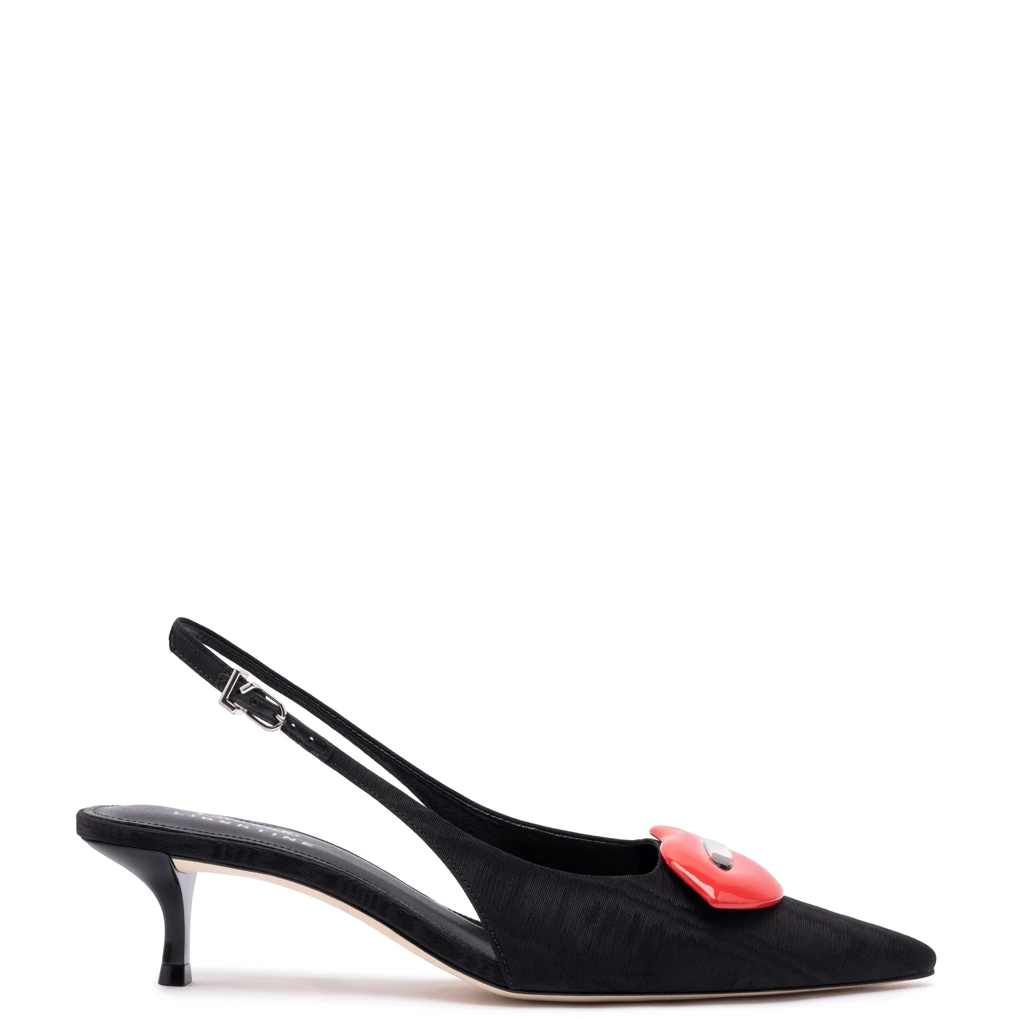 Larroudé x Libertine Lips Pump Lo In Black Fabric sold by Larroude
