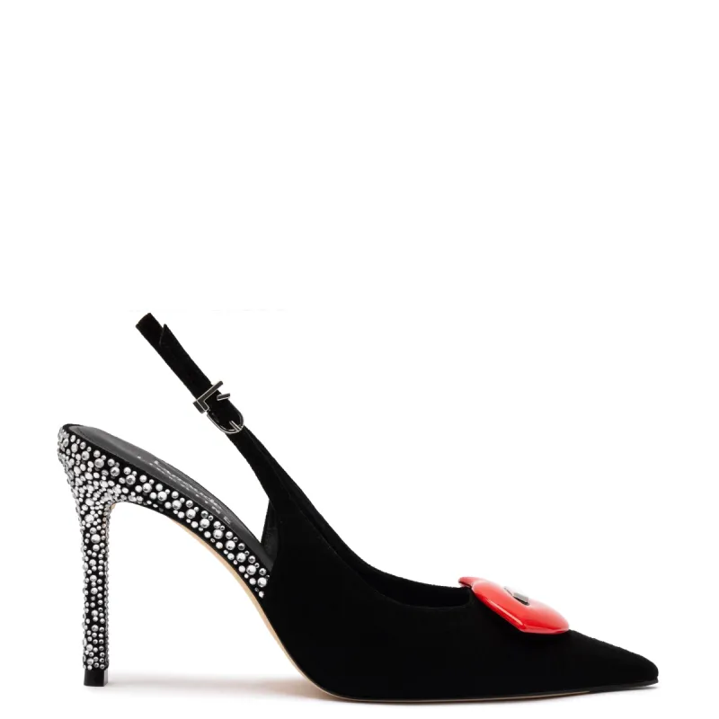 Larroudé x Libertine Lips Pump Hi In Black Suede and Crystals sold by Larroude
